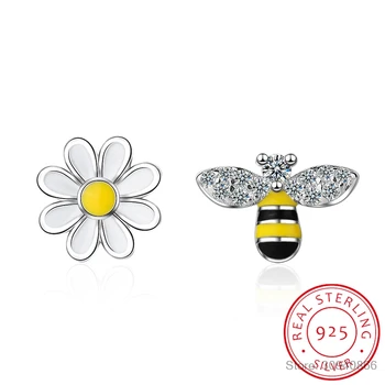 Nowa Moda Kreatywne Słodki Kwiat Pszczoła Stokrotka Asymetryczne Biżuteria Ze Srebra próby 925 Piękne Kolczyki Z Diamentami SE963 4