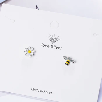 Nowa Moda Kreatywne Słodki Kwiat Pszczoła Stokrotka Asymetryczne Biżuteria Ze Srebra próby 925 Piękne Kolczyki Z Diamentami SE963 5